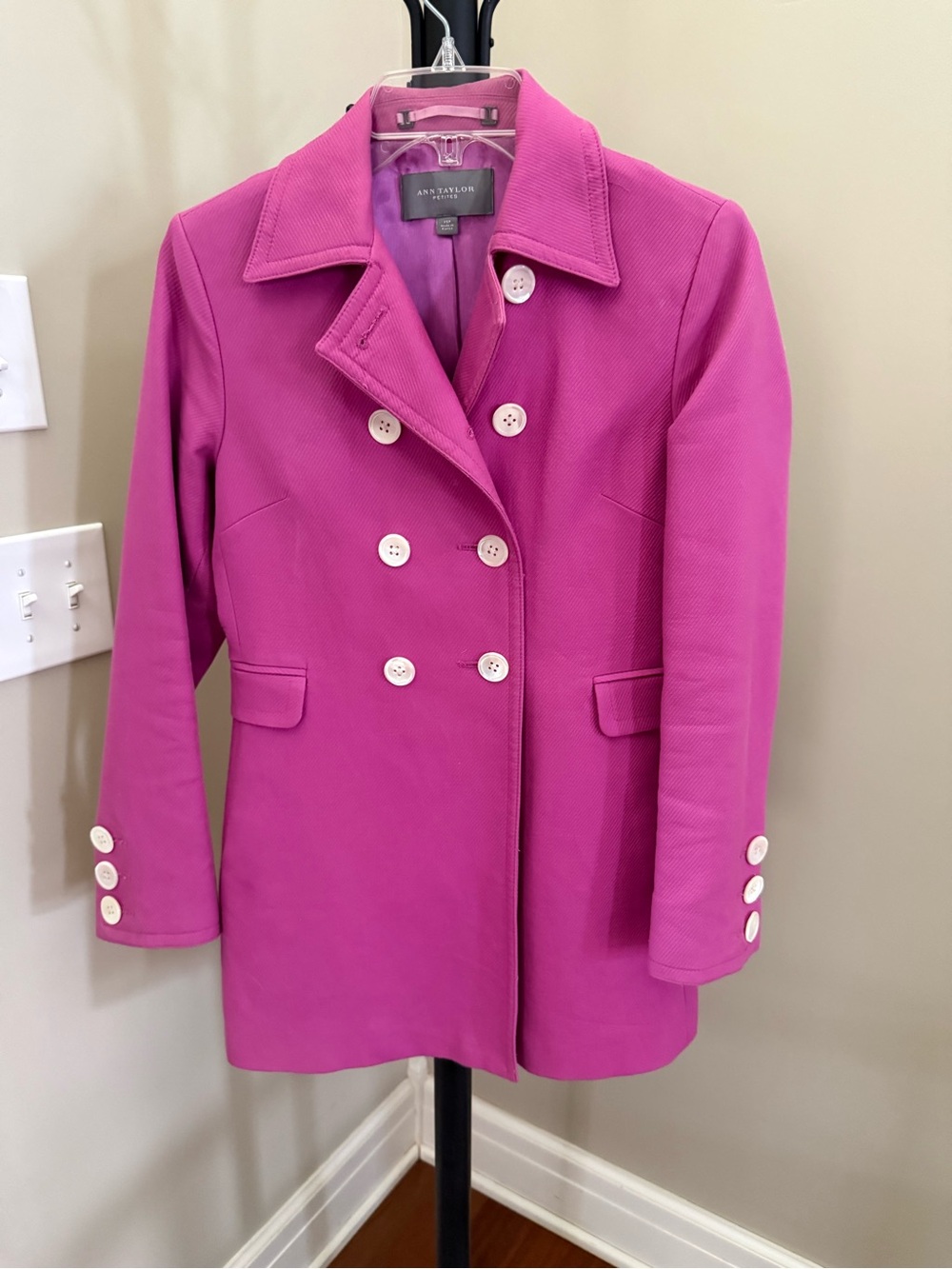 Ann Taylor Bright Pink Double-Breasted Pea Coat